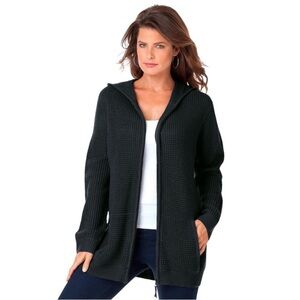 Roaman's Women's Plus Size Black Waffle Knit Zip Hoodie with pockets 2X = 26-28W